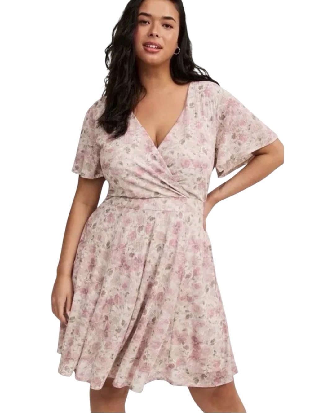 Torrid Pink Floral Knit Vneck Flutter Sleeve Mini Dress Size 1 14-16 NWT